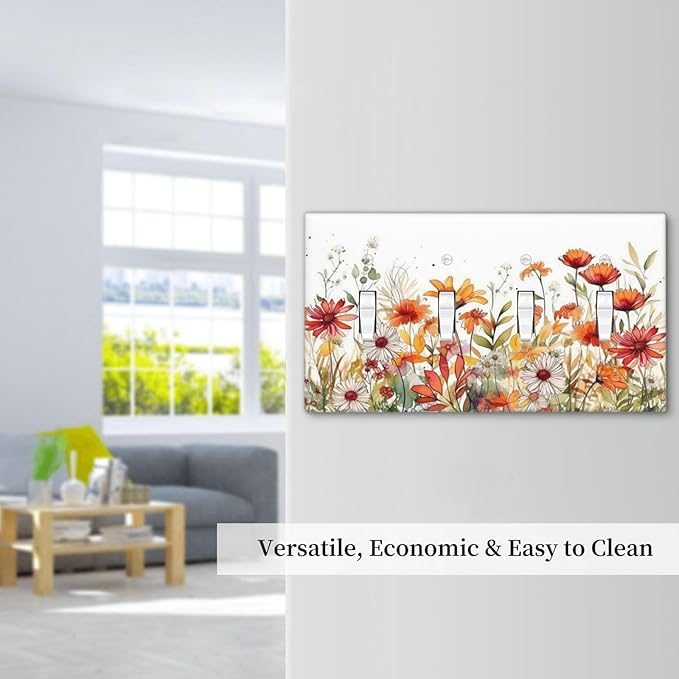 Watercolor Wild Flower Floral Daisy Plant Light Switch Covers Quad Toggle Electrical Faceplate 4 Gang Wall Plate Decorative Switch Plates for Bedroom Living Room Decor