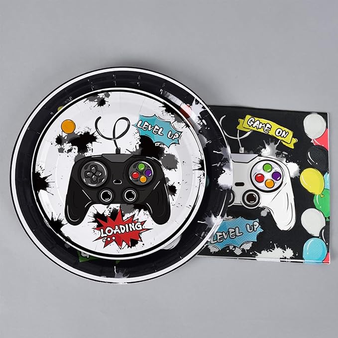 WERNNSAI Gamer Birthday Party Decorations - 48 PCS Birthday Plates and Napkins Black Boy Party Decorations Video Game Plates and Napkins for Boys Game Lovers Parties Supplies