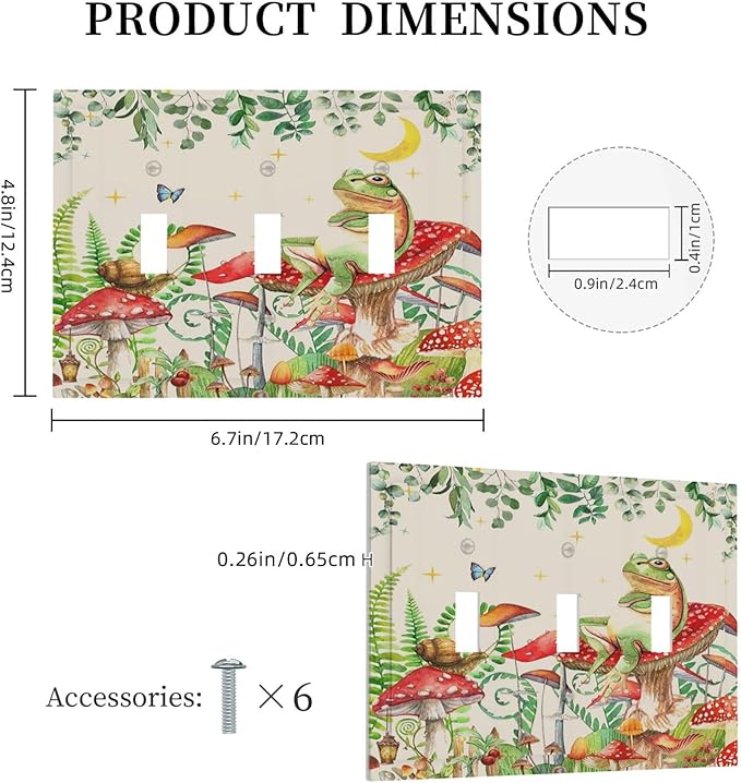 Decorative Switch Plates Boho Mushrooms Frogs Butterflies Flowers Moon Stars 3 Gang Wall Plate Faceplate Triple Toggle Light Switch Cover Electrical Wall Panels for Kids room Bedroom Decor