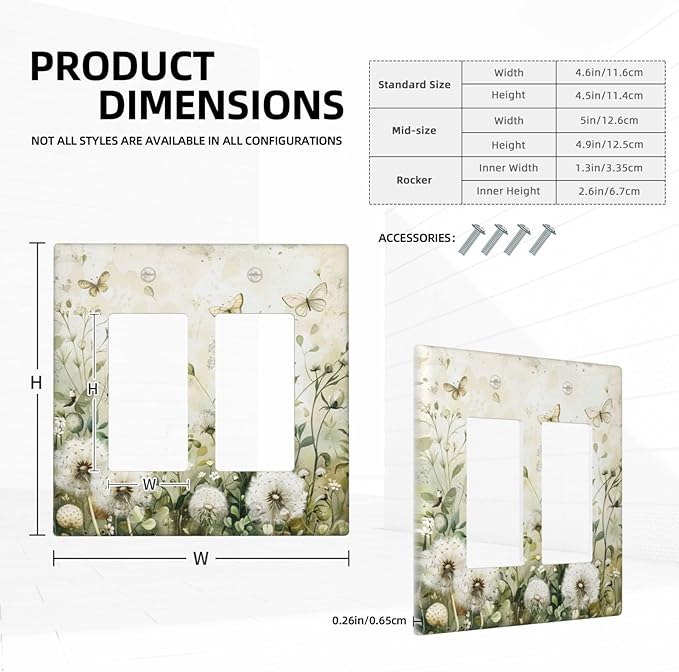 Light Switch Cover Plate Watercolor Butterflies Dandelions Wildflowers 2 Gang Double Rocker Outlet Covers Decorative Switch plates Electrical Wall Plates GFCI Receptacle for Bathroom Bedroom