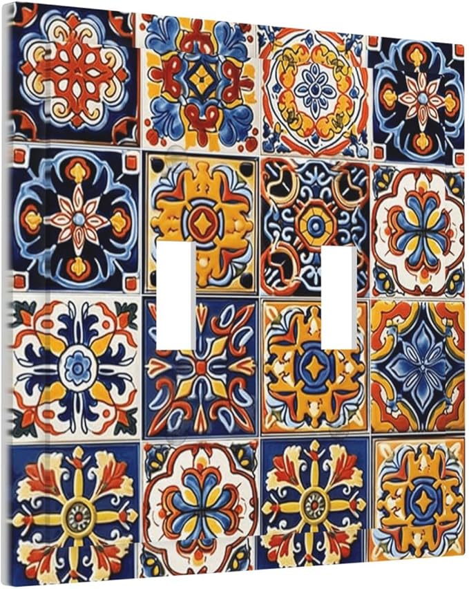 Mexican Talavera Tiles Flower Vintage Decorative Switch Plates 2 Gang Double Toggle Outlet Light Switch Cover Wall Plate Electrical Faceplate for Kitchen Bathroom Decor