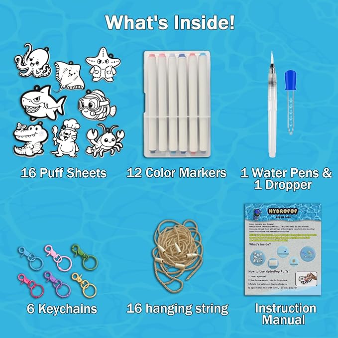 WurLoo 3D Art Kit - Aqua Puffs Ocean Panl,Mess-Free Craft for Kids, DIY Color & Inflate Activity, Travel Toys & Creative Gifts for Girls and Boyd Ages 4, 5, 6, 7, 8, 9, 10