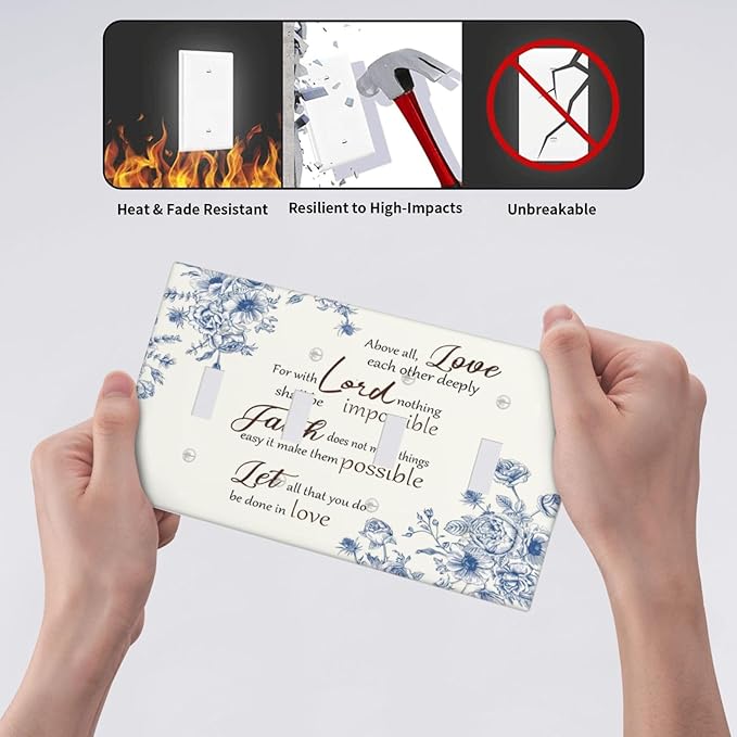 Decorative Light Switch Cover Plate Inspirational Quotes Blue Flower Floral 4 Gang Wall Plates for Electrical Outlets Quad Toggle Switch Plate Covers Outlet Covers Faceplate for Home Decor