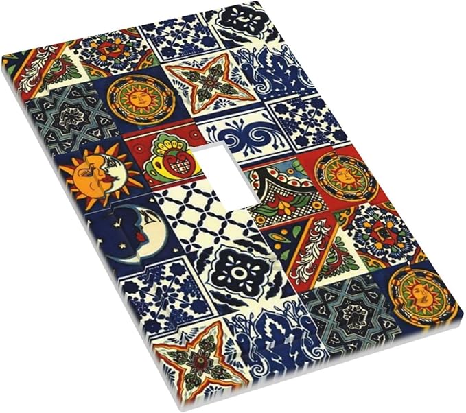 Kitchen Blue/Red Boho Sun Mexican Talavera Tile Decorative Light Switch Cover 1-Gang Bohemian Moroccan Mosaic Tiles Single Toggle Wall Plate Electrical Device Outlet Switch Faceplate Cover Jumbo Size