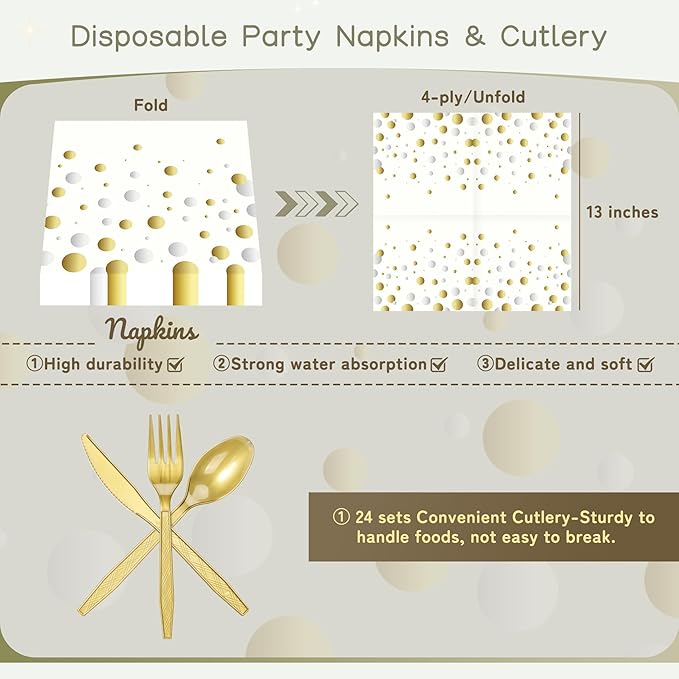 White and Gold Dots Plates Set for 24 Guests,168PCS Disposable Dinnerware Party Supplies,Paper Plates Napkins Cups Gold Forks Knives Spoons for Birthday Baby Shower Graduation Retirement Anniversary