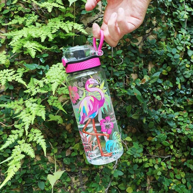 Home Tune Cute Water Bottle for School Kids Girls, BPA FREE Tritan & Leak Proof & Easy Clean & Carry Handle, 23oz/ 680ml - Flamingo
