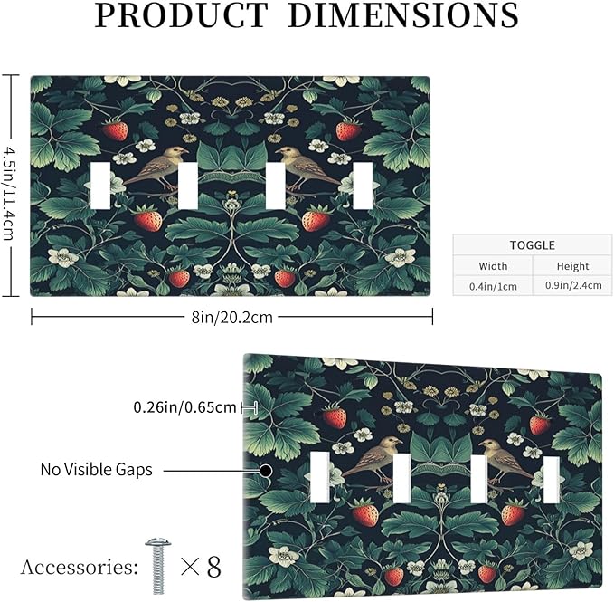Light Switch Covers Strawberry Birds Flowers Plant Morris Floral Quad Toggle Electrical Faceplate 4 Gang Wall Plate Decorative Switch Plates for Bedroom Farmhouse Decor