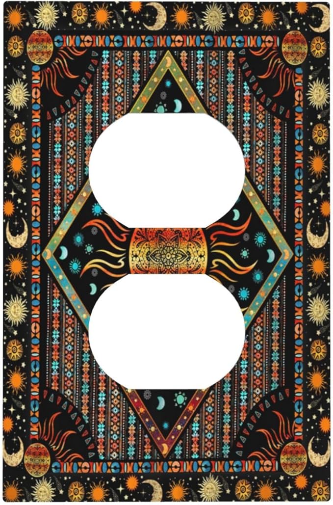 Outlet Covers Boho Burning Sun Hippie Retro Bohemian Gypsy 1 Gang Duplex Light Switch Cover Plate Decorative Wall Plates Electrical Switchplate Receptacle Cover for Bathroom Home Decor