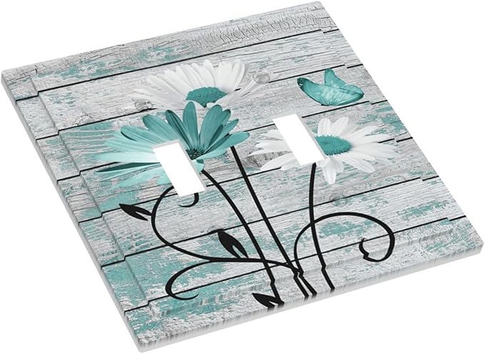 Teal White Daisy Flower Butterfly On Rustic Wood Board Decorative Switch Plates 2 Gang Double Toggle Outlet Light Switch Cover Wall Plate Electrical Faceplate for Farmhouse Bedroom Decor
