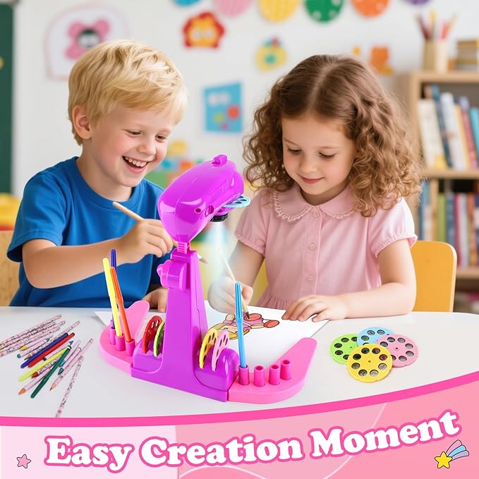 Sumsoltic Drawing Projector for Kids,Art and Craft Kit, Including Colored Pencils, Crayons, Coloring Books, Toys for 3+ Year Old Girls (Pink Drawing Kit v1)