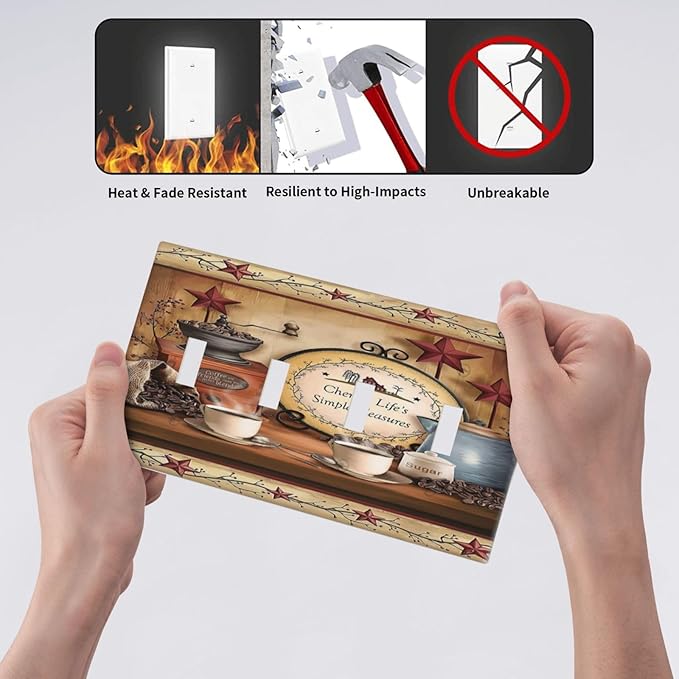 Kitchen Western Coffee Cafe Decorative 4-Gang Quad Toggle Light Switch Wall Plate Cover, Simple Country Restaurant Texas Dining Quadruple Toggle Device Switches Wall Plate Outlet Covers Standard Size