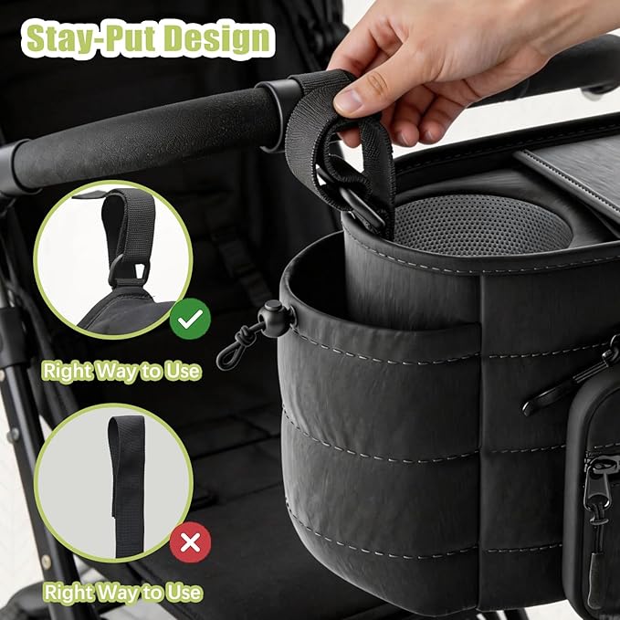 Stroller Organizer Caddy with Insulated Cup Holder & Detachable Phone Purse, Lightweight Universal Stroller Caddy for Busy Moms - Black