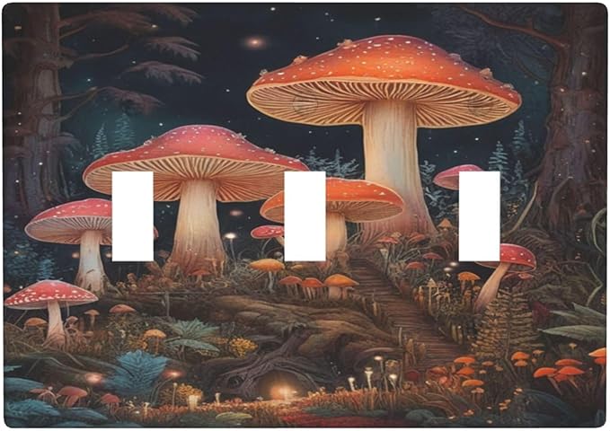 Decorative Art Light Switch Covers Enchanted Mushroom Forest 3 Gang Triple Toggle Wall Plate Decorative Switch plate Electrical Faceplate for Home Decor