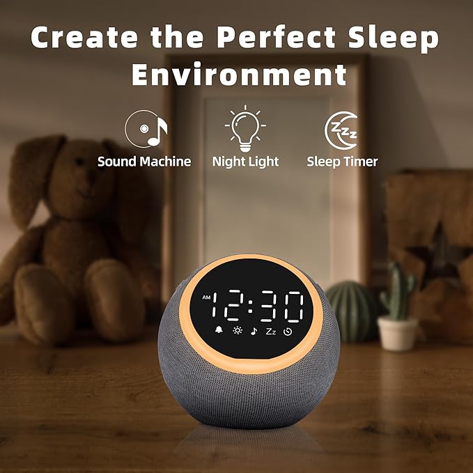 Smart Alarm Clock for Bedrooms, Digital Alarm Clock with White Noise Hatch Sound Machine, 25 Sounds, Night Light, Snooze, Sleep Timer, Adjustable Volume for Kids, Adults,Teens, Heavy Sleepers