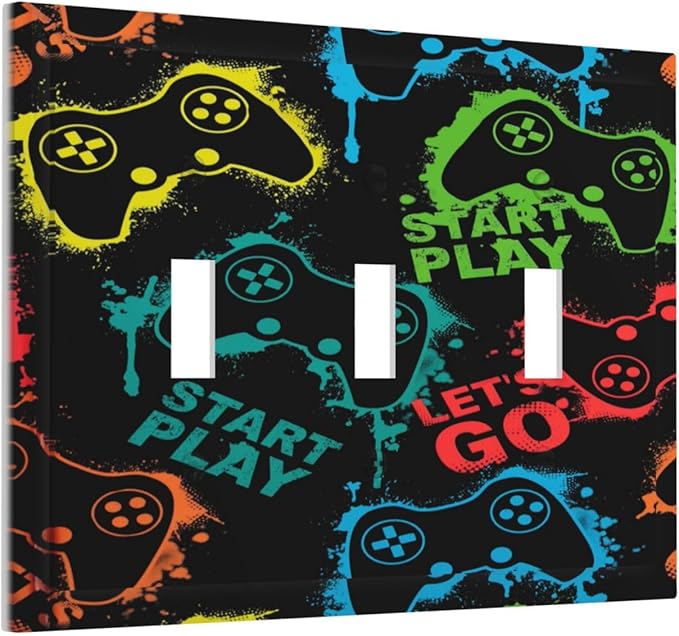 Gaming Hippie Gamer Modern Gamepad Colorful Graffiti Decorative Switch Plates 3 Gang Wall Plate Triple Toggle Light Switch Cover Faceplate Electrical Wall Panels for Kids Room Nursery Decor