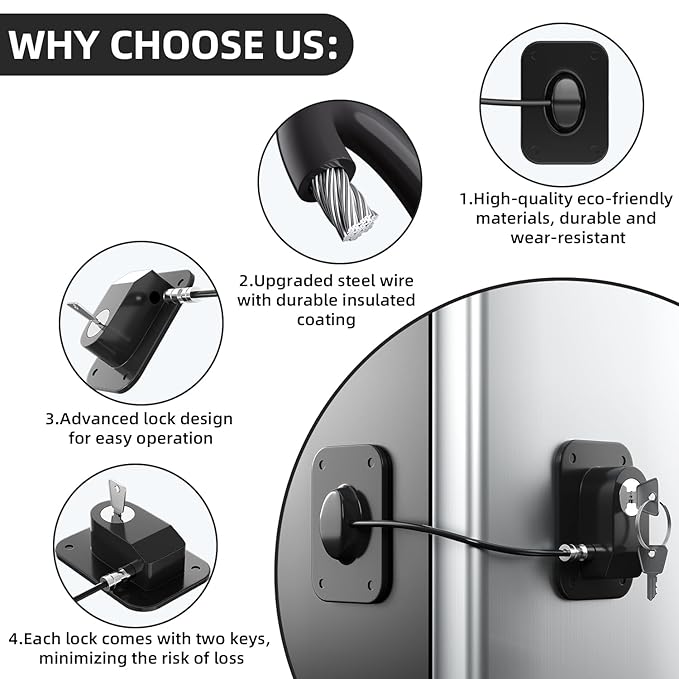 RORMGO Refrigerator Lock 2 Packs, Fridge Lock with Silicone Wire Protection Fridge Locks for Kids Easy to Use and Install Cabinet Locks with Key, Black
