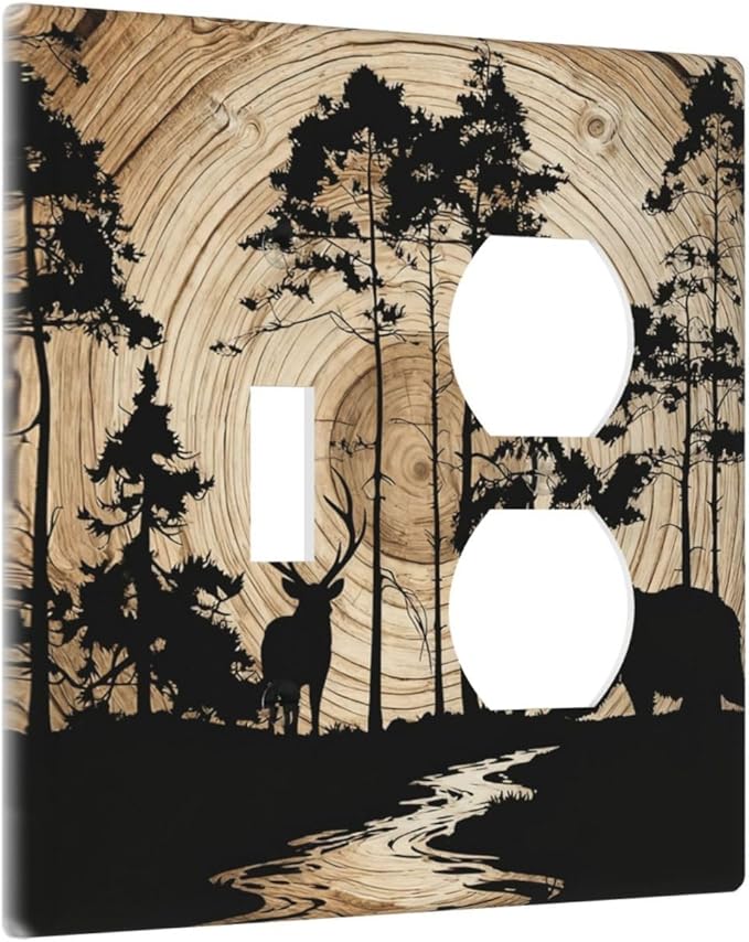 Rustic Forest Antler Black Bear Deer Silhouettes Wallplates 1 Toggle 1 Duplex Switch Plate Electrical GFCI Faceplate Decorative Light Switch Covers for Farmhouse Home Decor