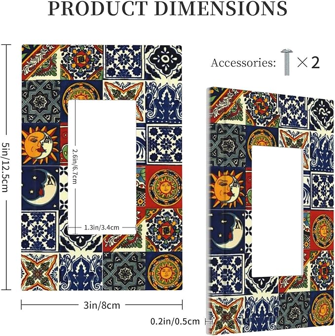 Retro Kitchen Boho Sun Moon Mexican Talavera Tile 1-Gang Decorator Rocker Outlet Light Switch Cover Moroccan Mosaic Tiles Decorative Single Device GFCI Receptacle Switch Wall Plate Dimmer Mid Size