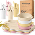 24 Pcs Wheat Straw Dinnerware Cutlery Set for Adult Including Divided Plates Microwave Dishwasher Safe Bowl Unbreakable Tableware Straw Cutlery Spoon Knife Fork(Light Color)