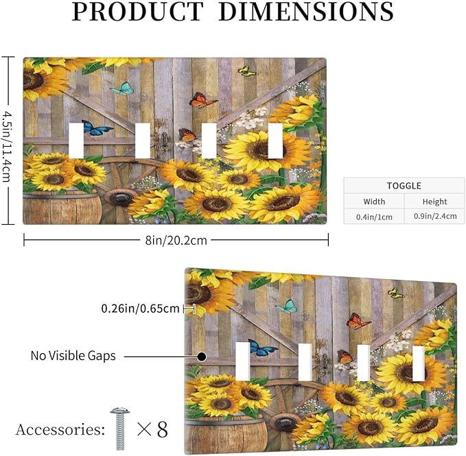 Rustic Sunflower Barn Door Country Wood Plank Butterfly Quad Toggle Light Switch Covers Decorative 4 Gang Wall Plate Electrical Faceplate Switchplate for Farmhouse Bathroom Bedroom Decor