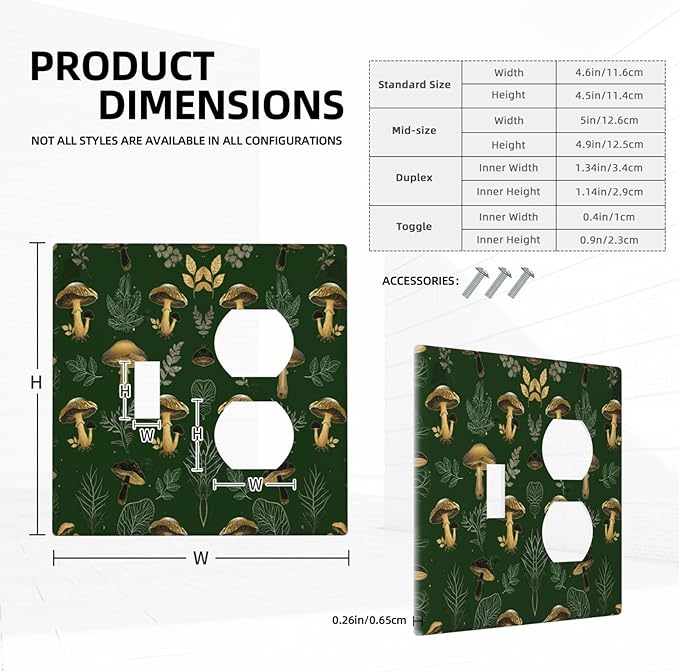 Decorative Outlet Covers Cute Gold Mushtroom Green Plant Leaf 2 Gang Light Switch Cover Plate Single Toggle Duplex Wall Plates for Electrical Outlets Switch Plate Covers for Home Decor