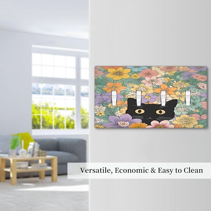 Light Switch Covers Funny Cute Cartoon Cat Floral Colorful Flower Quad Toggle Electrical Faceplate 4 Gang Wall Plate Decorative Switch Plates For Kids Room Nursery Decor