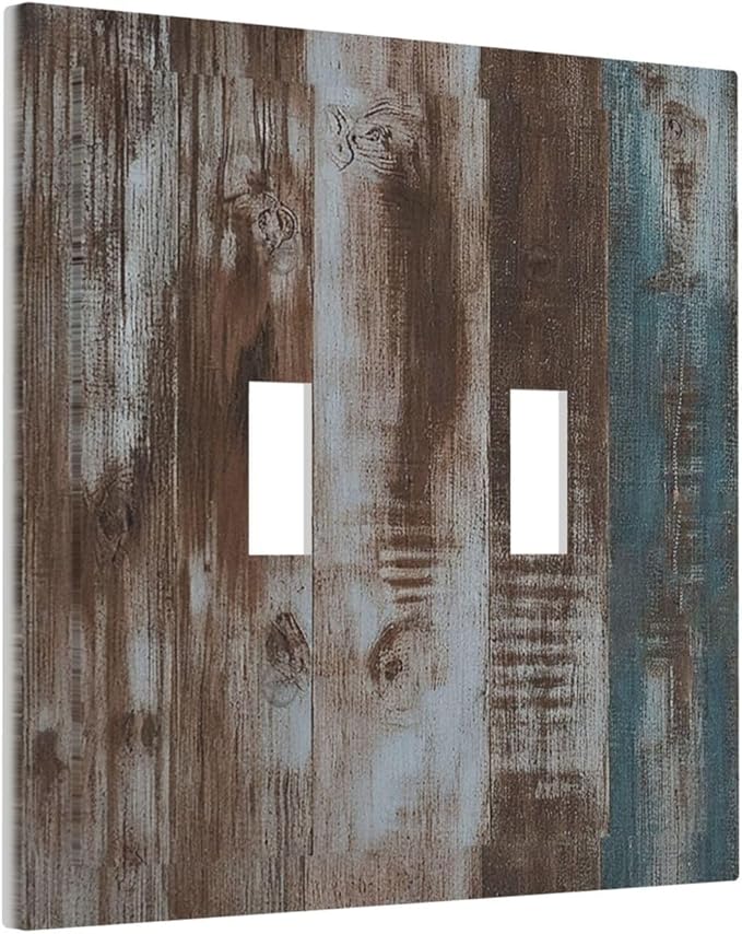 Vintage Blue Brown Wood Grain Decorative Switch Plates 2 Gang Double Toggle Wall Plate Electrical Faceplate Outlet Light Switch Cover for Bedroom Farmhouse Decor