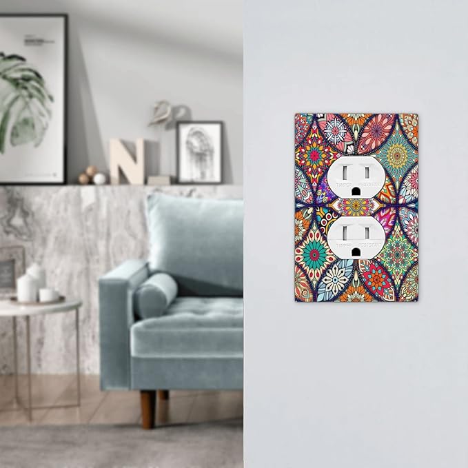 Bohemian Duplex Decorative Outlet Covers Electrical Receptacle 1 Gang Outlet Plate colorful Vintage Floral Mandala Flower Lightswitch Faceplate 5" X 3"