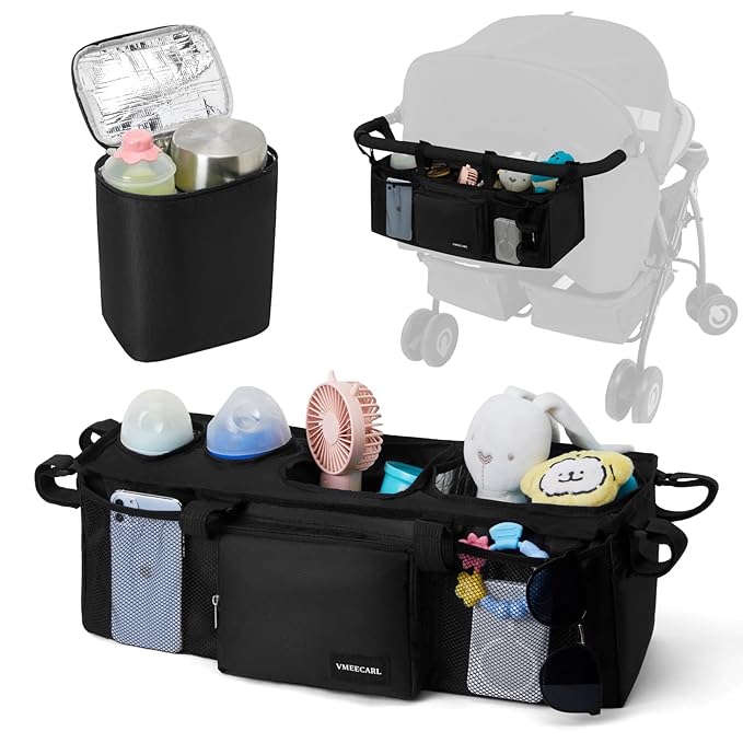 Double Stroller Organizer Universal with 2 Insulated Cup Holders & Cooler Bag, Large Storage Parent Console for Bob Duallie, Baby Jogger City Mini GT2