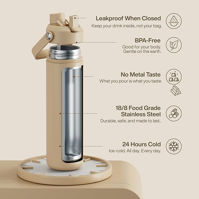 ENCOOL Insulated Water Bottle with Straw Stainless Steel Water Bottle, Leak-Proof, BPA-Free, Double Wall Vacuum Keeps Cold for 24 Hours for Sports, Travel, School (26 oz, Indian Khaki)
