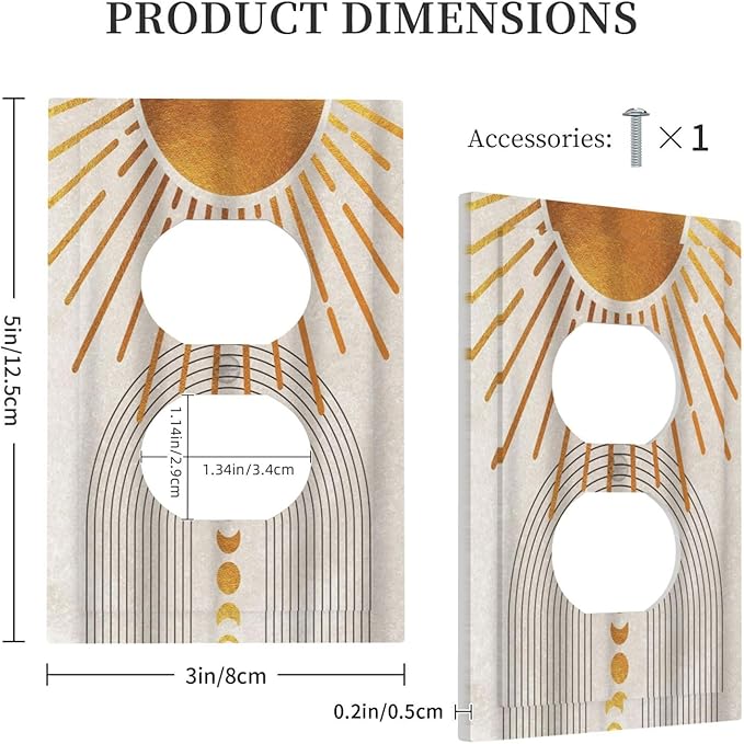 Mid Century Gold Sun Abstract Arch Boho Moon 1 Gang Outlet Plate Decorative Single Duplex Wall Plate Covers Unique Electrical Receptacle Light Switch Cover Art Faceplate Switchplate for Bedroom Decor