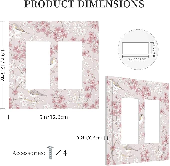 Pink Sakura Cherry Blossom Vintage Bird Floral Flower Decorative Outlet Covers 2 Gang Double GFCI Rocker Electrical Wall Panels Light Switch Cover Plate for Bedroom Living Room Decor