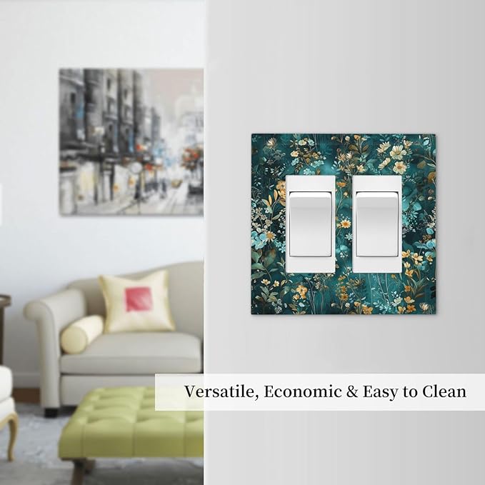 Decorative Outlet Covers Green Leaf Floral Boho Golden Flower Plant 2 Gang Double Gfci Rocker Electrical Wall Panels Light Switch Cover Plate For Bed Room Cabin Decor