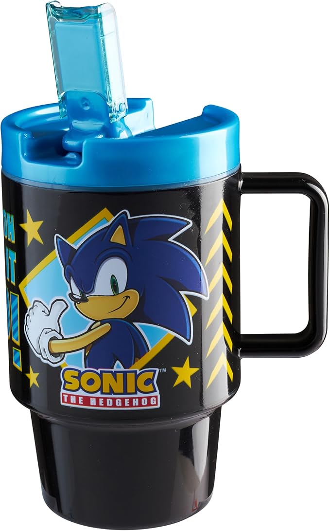 Get Trend Sonic the Hedgehog Kids Water Bottle with Straw 16.9 oz BPA Free Plastic Cup with Lid Handle Reusable Drinking Tumbler for School Gifts for Kids (Black Sonic)