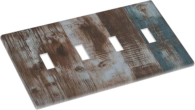 Vintage Blue Brown Wood Grain Light Switch Covers Quad Toggle 4 Gang Wall Plate Decorative Switch Plates Electrical Faceplate for Bedroom Farmhouse Decor