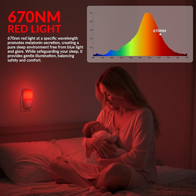 Klarlight 670nm Red LED Night Light for Sleep, Warm White Nightlight for Kid, Dusk to Dawn Sensor, Auto/On/Off Dimmable Night Lights Plug into Wall for Baby, Bedroom, Hallway, Bathroom, 0.5W(2 Pack)