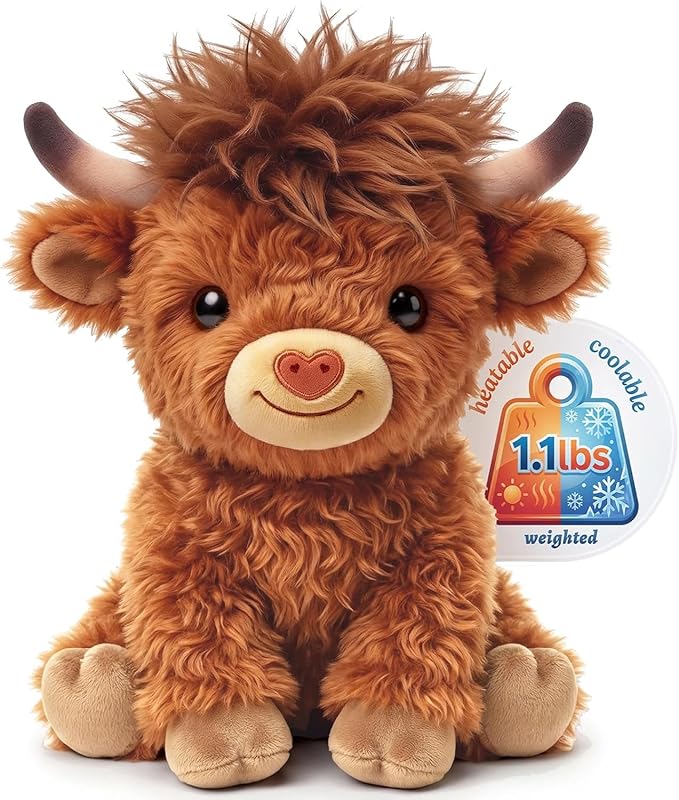 Mewaii Highland Cow Stuffed Animal, Weighted Highland Cow Plush with Washable Cover 1.1 lbs, Heatable & Coolable Microwavable Stuffed Animal Fluffy Cute Cozy Gift for Kids Women 10 Inch