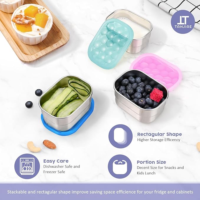 Tanjiae Snack Pro - Small (1 CUP) Stainless Steel Snack Containers for Kids | Easy Open Leak Proof Food Containers with Silicone Lids - Perfect Metal Toddler Lunch Box for Daycare and School (8oz*3)