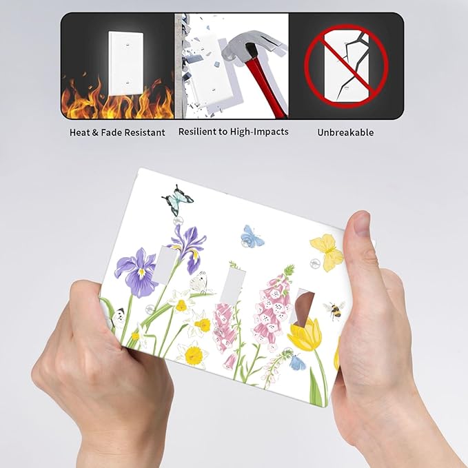 Flower Butterfly Light Switch Cover Plates Decorative Triple Toggle Wall Plate, 3 Gang Lightswitch Cover
