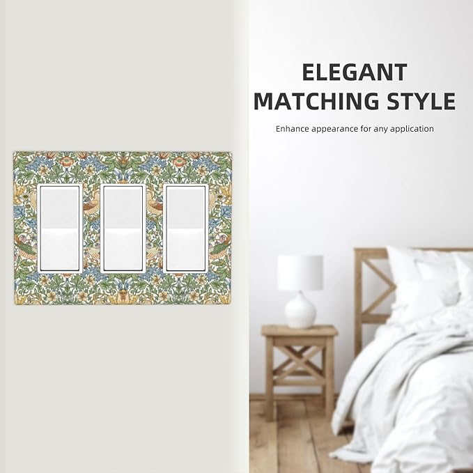 William Morris Strawberry Thrush Birdsl Triple Rocker Light Switch Cover Vintage Floral Flowers Plant 3 Gang Rocker Outlet Covers Decorative Electrical Wall Plate for Bedroom Living Room Décor