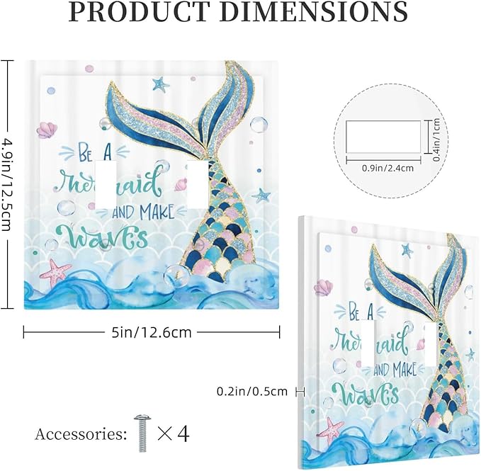 Mermaid Ocean Blue Waves Kids Girl Double Toggle Light Switch Covers Decorative 2 Gang Wall Plate Electrical Faceplate Switchplate for Kidroom Bathroom Bedroom Living Room Decor