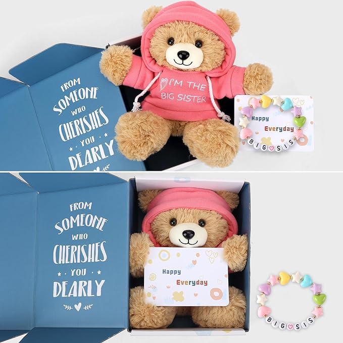 Osacoe “I’m The Big Sister” Teddy Bear Stuffed Animal with Gift Box Removable Pink Hoodie Bracelet, Big Sister Gifts for Girls Who Promoted to Big Sister with Beautiful Greeting Card