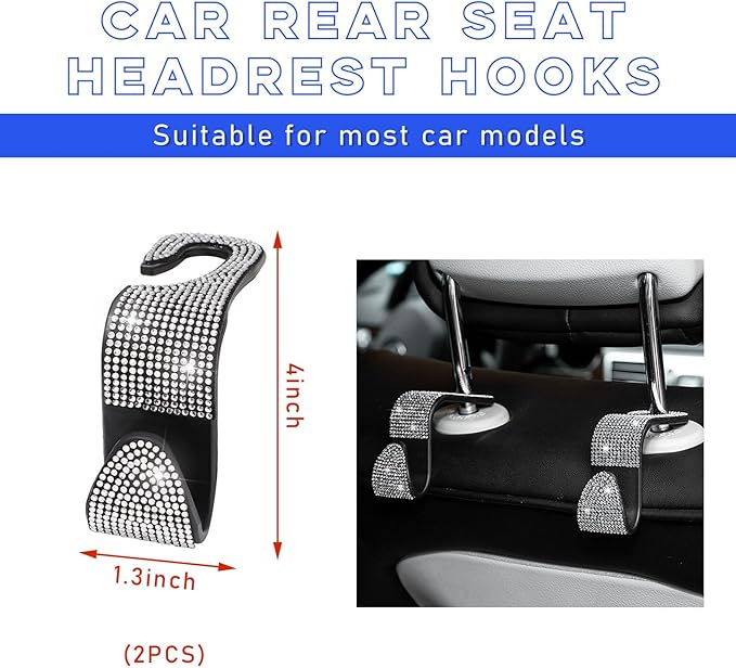 Ohleats 2 PCS Bling Car Seat Headrest Hooks, Crystal Rhinestone Back Seat Hanging Storage Organizer, Vehicle Seat Hanger Holder for Purse Handbag Coat, Interior Car Accessories (White)