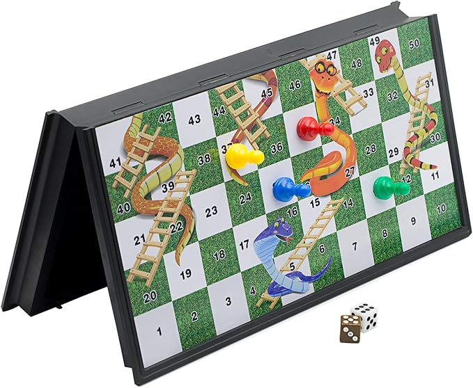 Snakes and Ladders Board Game Set -32 Centimeters, Magnetic Folding Travel Board Game for Kids (Large Size 12.6″x12.6″)