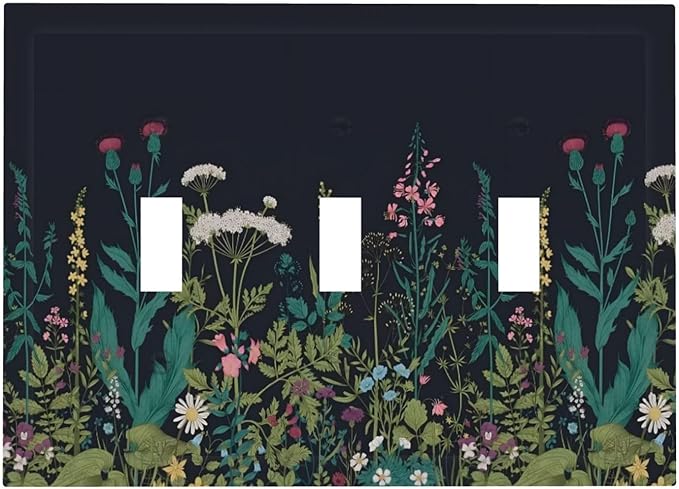 Boho Garden Flowers Weeds Floral Wildflowers Decorative Switch Plates 3 Gang Wall Plate Triple Toggle Light Switch Cover Faceplate Electrical Wall Panels for Bedroom Living Room Decor
