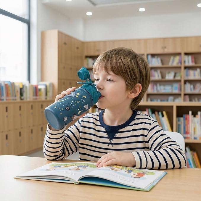 Fijinhom 12 oz Kids Water Bottle, 2-in-1 Stainless Steel Vacuum Insulated Water Bottle for Toddler, Leak Proof Spout & Straw, Double Wall Thermal Flask for Boys&Girls, School, Outdoor, Travel (Planet)