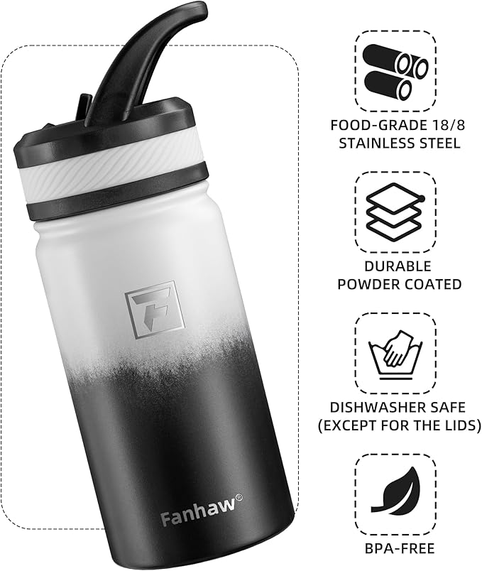 Fanhaw 14 Oz Kids Insulated Water Bottle with Straw Lid – Stainless Steel Double Wall Vacuum, Leak-Proof, BPA-Free Water Bottles for School Boys & Girls(White Black)