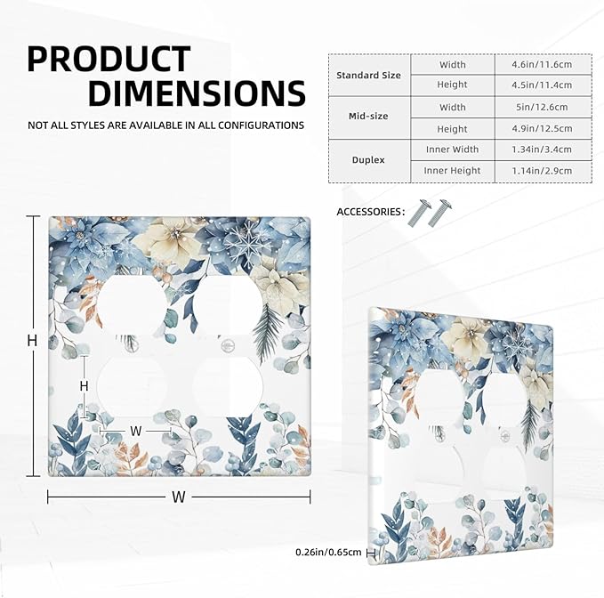 Blue Vine Snowflake Plants Leaves Floral Flowers Outlet Covers 2 Gang Double Duplex Decorative Light Switch Covers Electrical Wallplates Socket Faceplate for Bedroom Living Room Decor