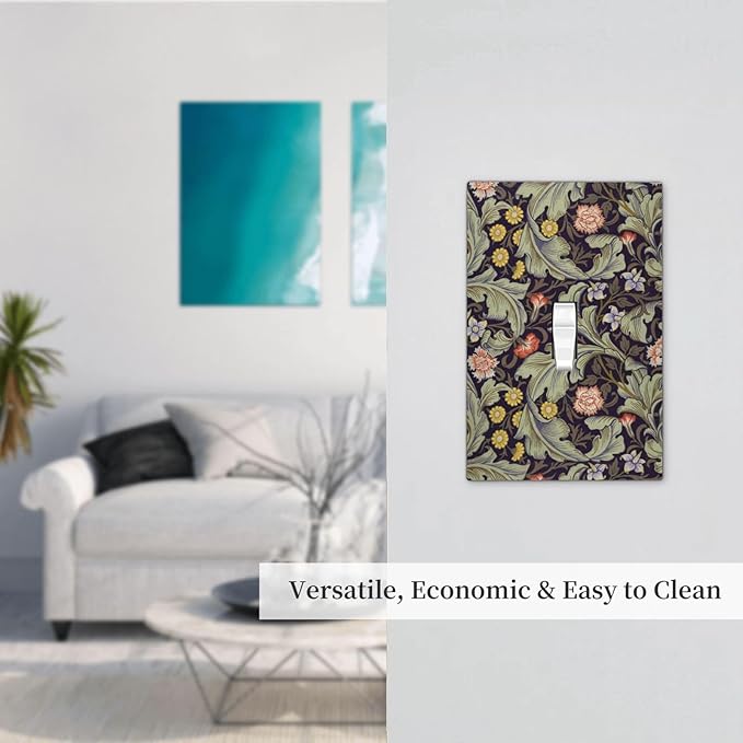 Boho William Morris Floral Green Leaves Flower Decorative Light Switch Cover 1 Gang Single Toggle Device Electrical Faceplate Switchplates Decorator Outlet Wall Plate for Farmhouse Home Decor