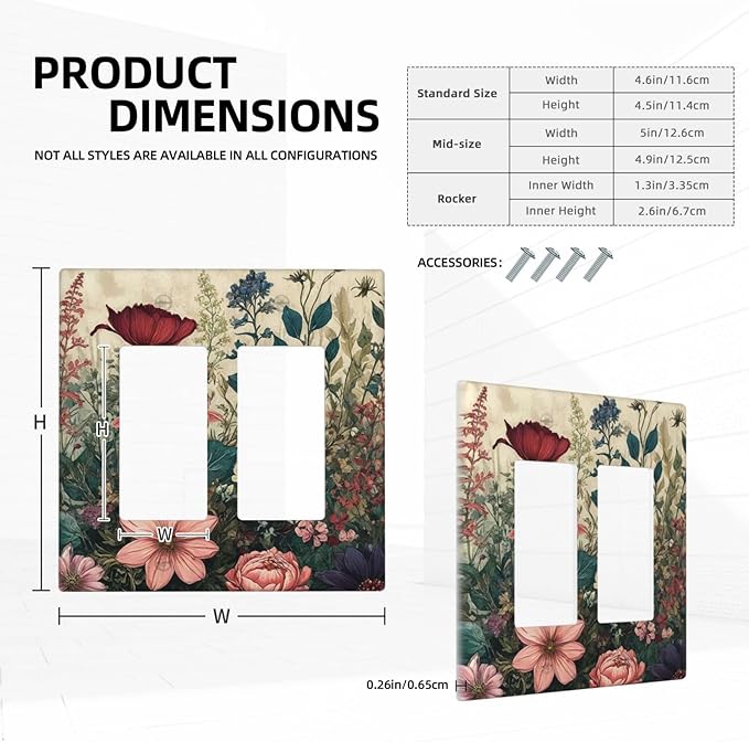 Decorative Outlet Covers Rustic Wildflower Red Floral Green Plant 2 Gang Wall Plate Double Rocker Two Switch Wall Cover Plate Jumbo Dual Electrical GFCI Face Plate